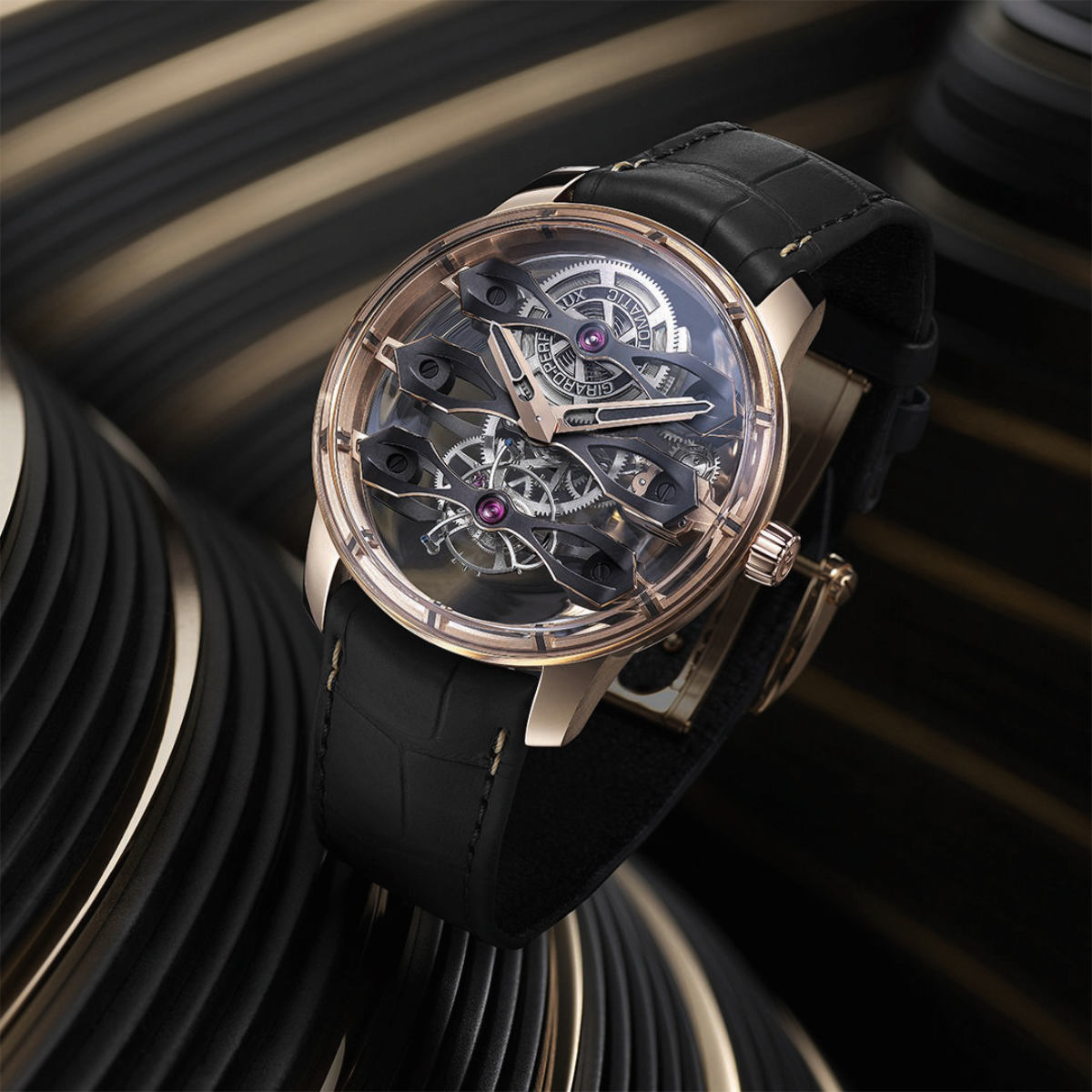 The Tourbillon with Three Flying Bridges is endowed with three Neo Bridges formed of pink gold, the