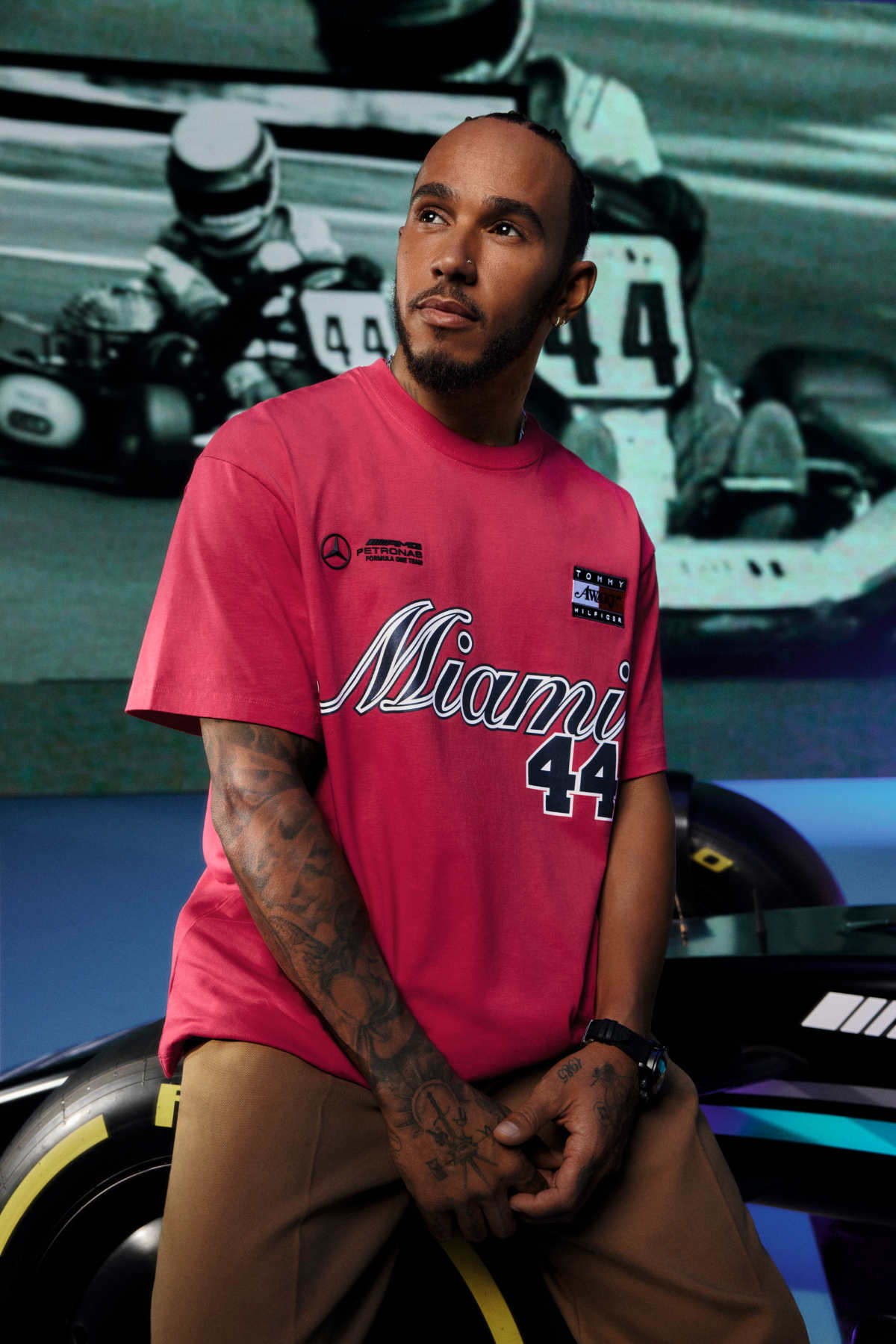 LEWIS HAMILTON AND GEORGE RUSSELL WEAR TOMMY HILFIGER COLLABORATION WITH  MERCEDES AMG-F1 AND AWAKE NY AT MIAMI GRAND PRIX - SARKK