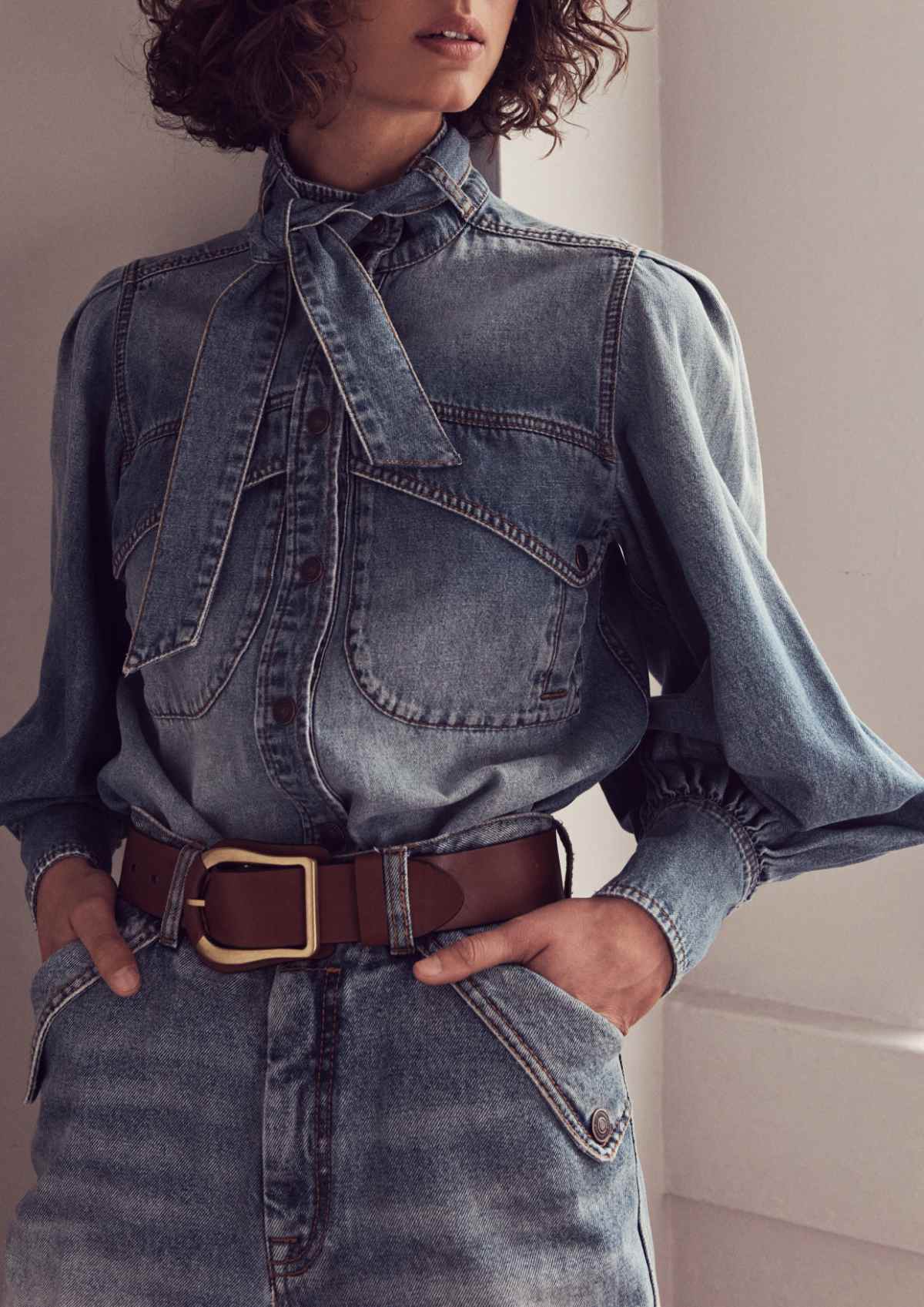 Una Denim Tie-Neck Blouse