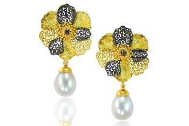 Gold Baby Coronaria Earrings with Pearl & Diamonds