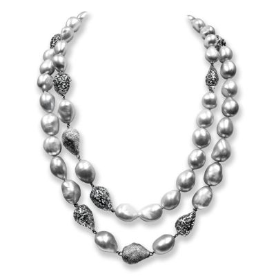 Silver Meteorite Necklace With Light Grey Pearls