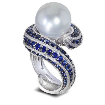 Gold Twist Ring With Pearl & Sapphires