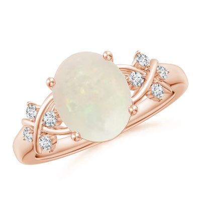 Solitaire Oval Opal Criss Cross Ring with Diamonds