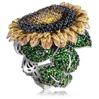 Gold Sunflower Ring With Color Diamonds