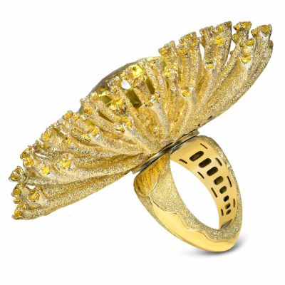 Gold Astra Ring w. Lemon Quartz Sapphire Diamonds