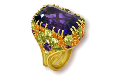 Gold Blossom Ring w. Amethyst, Peridot & Diamonds
