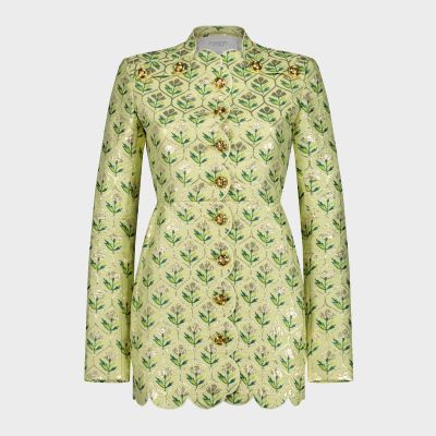 Short Buttoned Coat In Green Jacquard