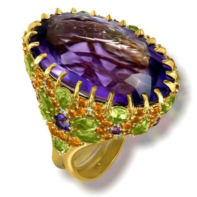 Gold Blossom Ring With Oval Amethyst & Peridot