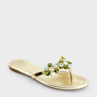 Gold Thong Sandals In Leather And Gemstones