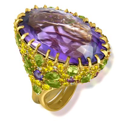 Gold Blossom Ring With Light Amethyst & Peridot