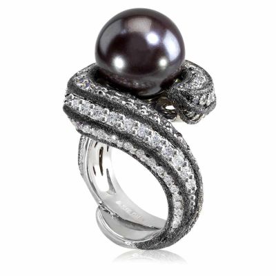 Gold Twist Ring With Tahitian Pearl & Diamonds