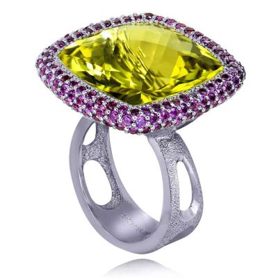 Gold Royal Ring Lemon Citrine & Rhodolite Garnet