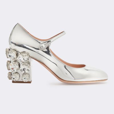 Silver Mary Jane Pumps With Diamond Heels