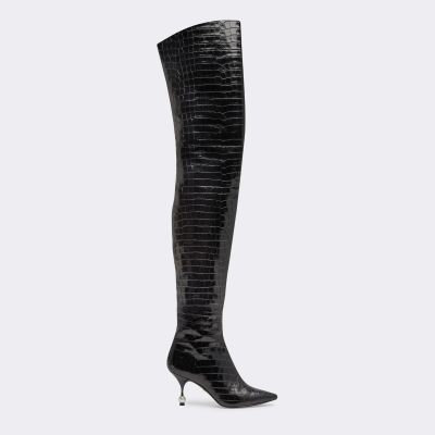 Black Thigh-High Boots In Embossed Leather