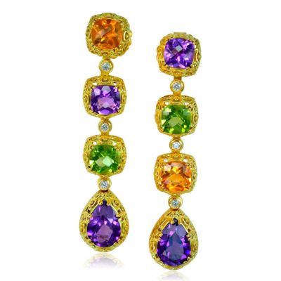Gold Byzantine Drop Earrings With Gemstones