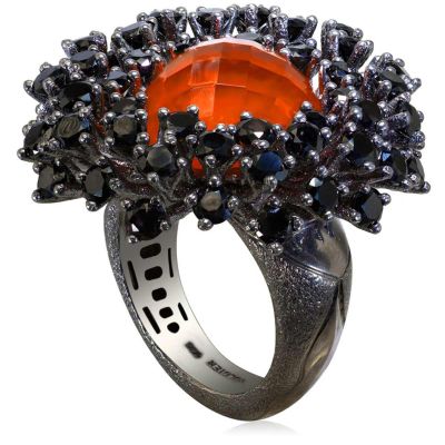 Silver Astra Ring Red Agate Quartz & Black Spinel