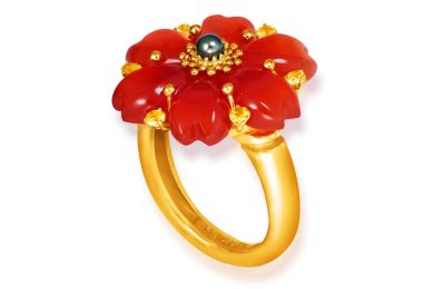Gold Blossom Ring With Carnelian & Sapphire