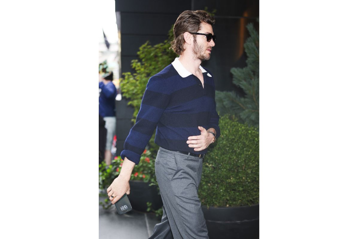 Andrew Garfield Embraces Effortless Luxury In Dunhill’s Striped Rugby Jumper