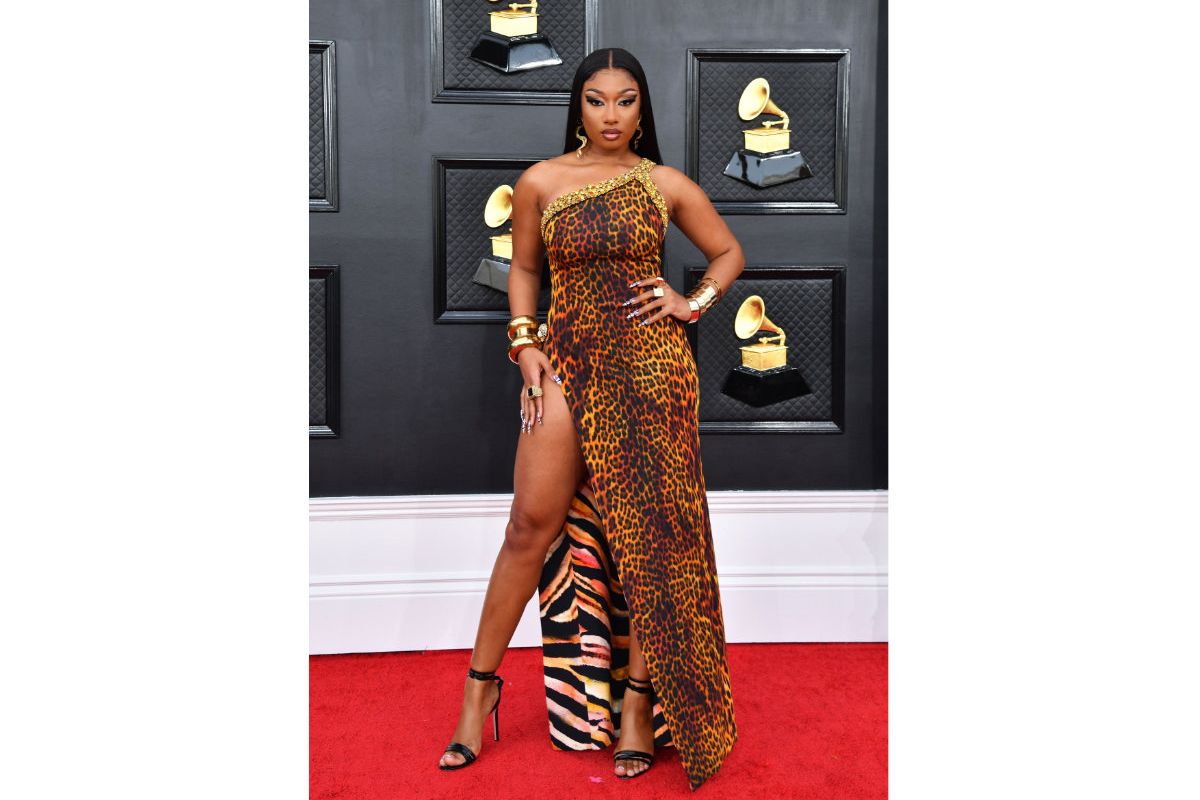 Megan Thee Stallion In Custom Roberto Cavalli At The 64th Annual Grammy Awards In Los Angeles