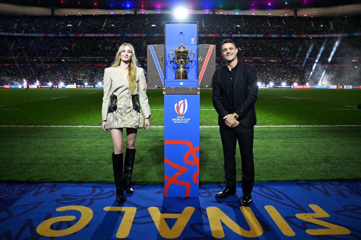 Sophie Turner And Dan Carter Present The Webb Ellis Cup In Its Louis Vuitton Trophy Trunk