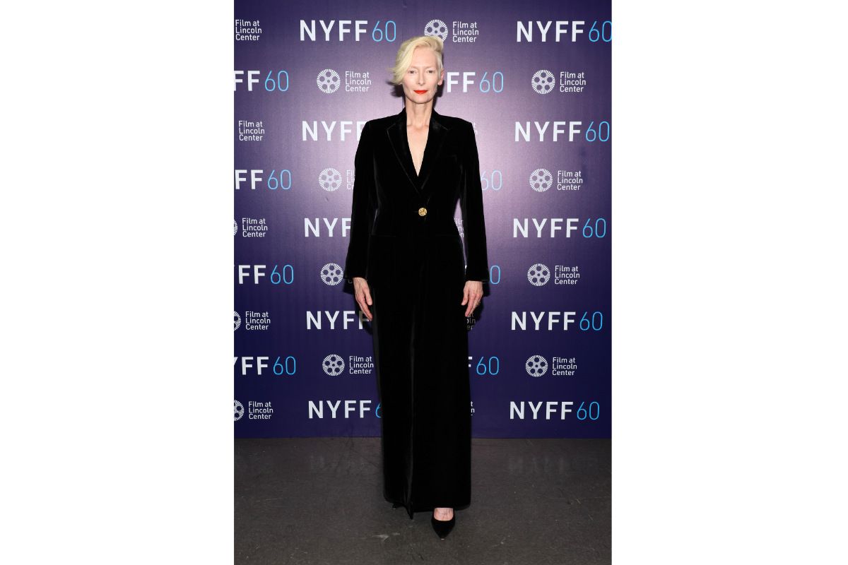 Tilda Swinton In Schiaparelli Ready-To-Wear To 60th New York Film Festival
