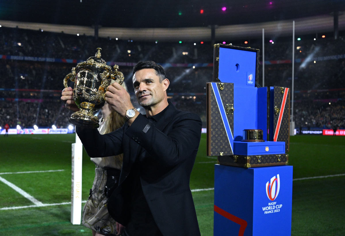 Sophie Turner And Dan Carter Present The Webb Ellis Cup In Its Louis Vuitton Trophy Trunk