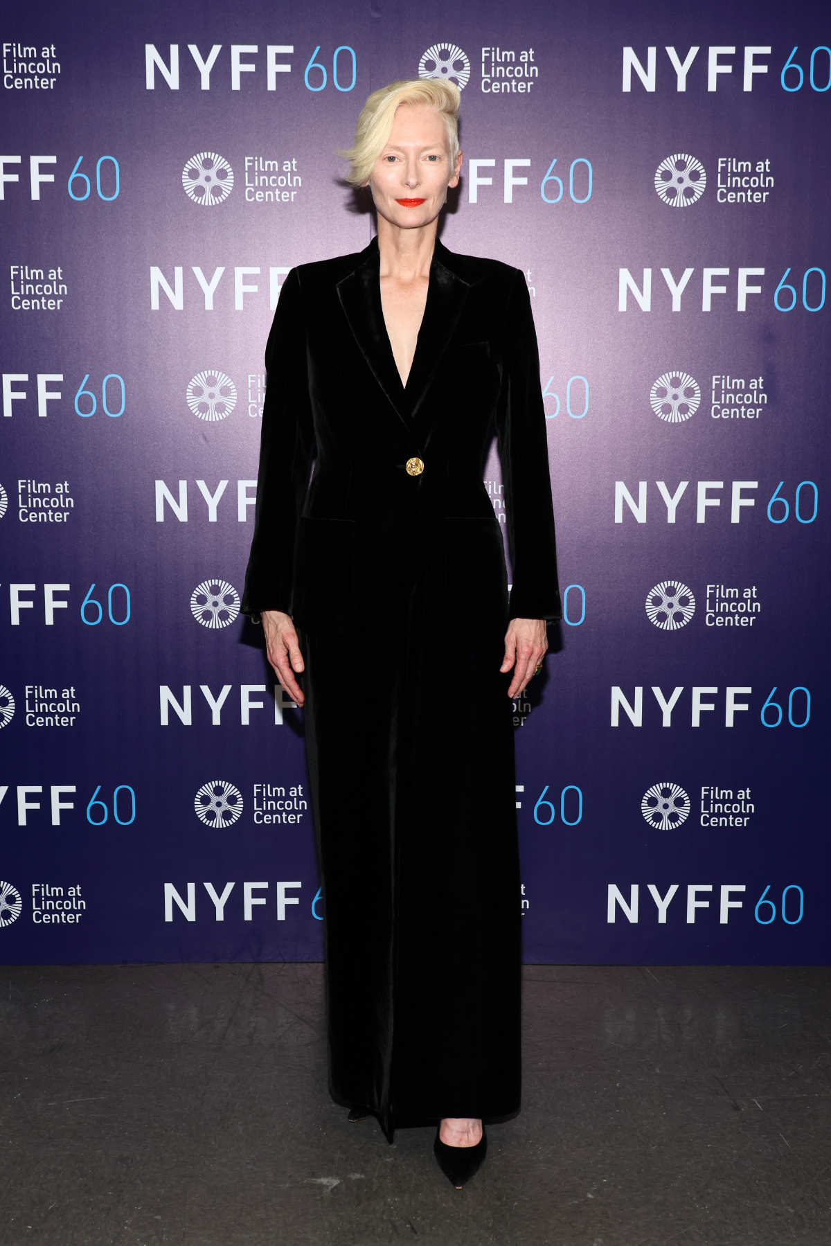 Tilda Swinton In Schiaparelli Ready-To-Wear To 60th New York Film Festival